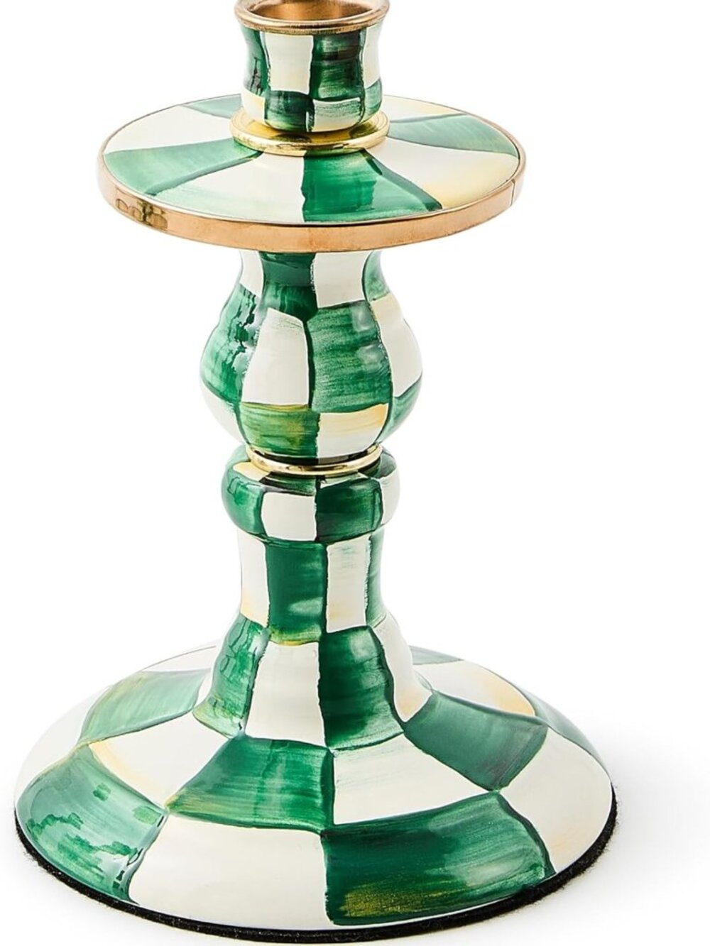 Charming Enamel Candlestick Holder, Small Green & White Check Decor for Home